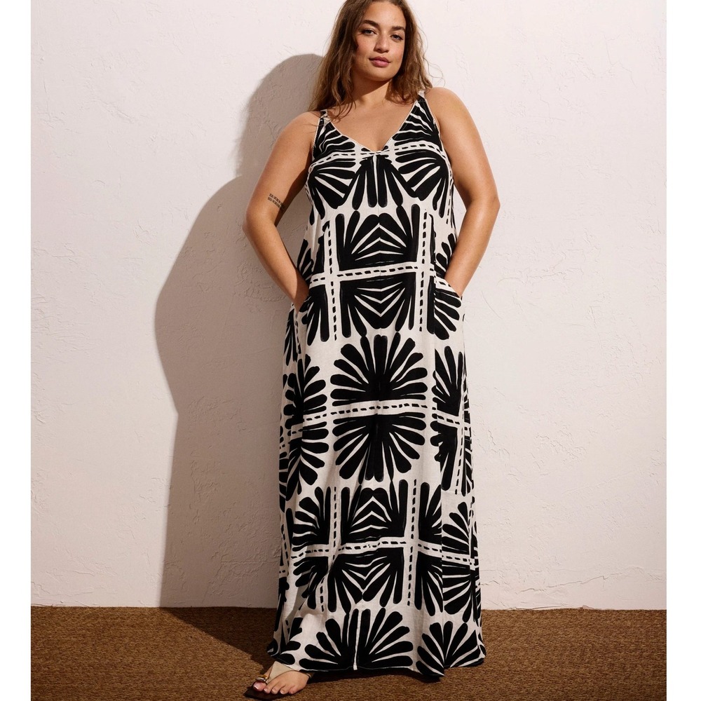 Universal Standard Kite Linen Blend Dress Maxi M 18-20 Black White Palm Print
